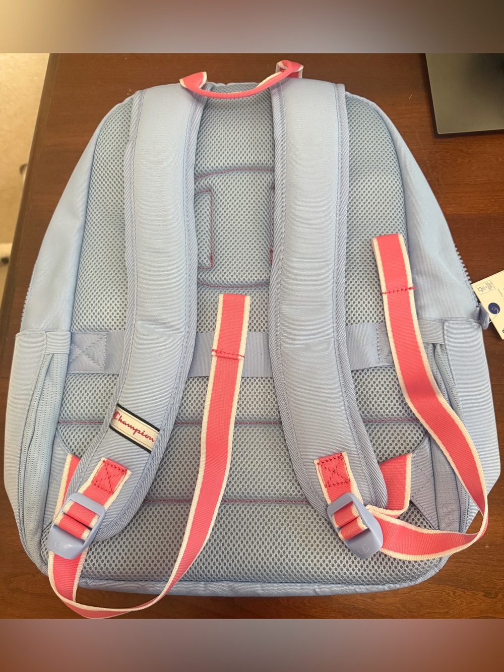 Champion Light Blue with pink accents Backpack with 17in laptop pocket.